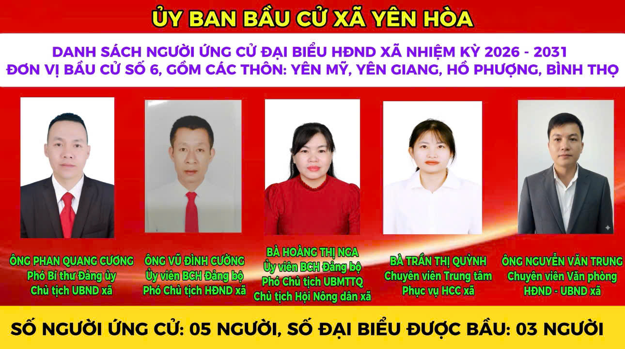 Tiểu sử ứng cử viên Đại biểu HĐND xã Yên Hòa nhiệm kỳ 2026 - 2031 tại đơn vị bầu cử số 6