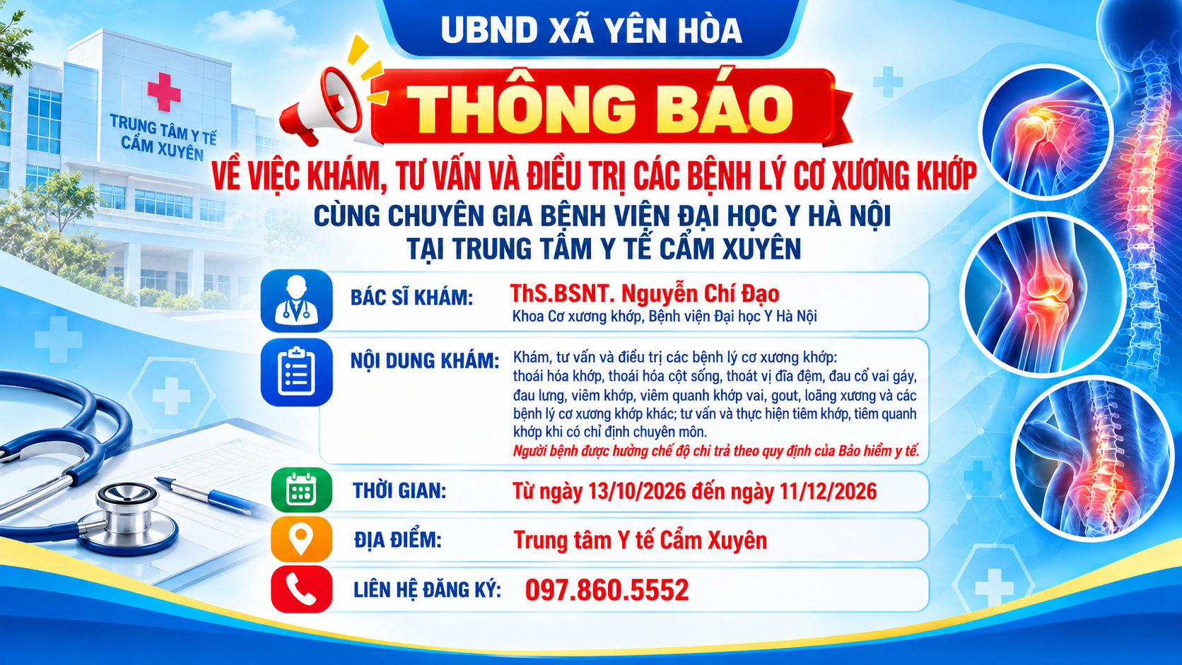Thông báo về việc khám, tư vấn và điều trị các bệnh lý cơ xương khớp cùng chuyên gia Bệnh viện Đại học Y Hà Nội tại Trung tâm Y tế Cẩm Xuyên