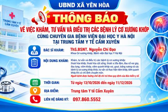 Thông báo về việc khám, tư vấn và điều trị các bệnh lý cơ xương khớp cùng chuyên gia  Bệnh viện Đại học Y Hà Nội tại Trung tâm Y tế Cẩm Xuyên  