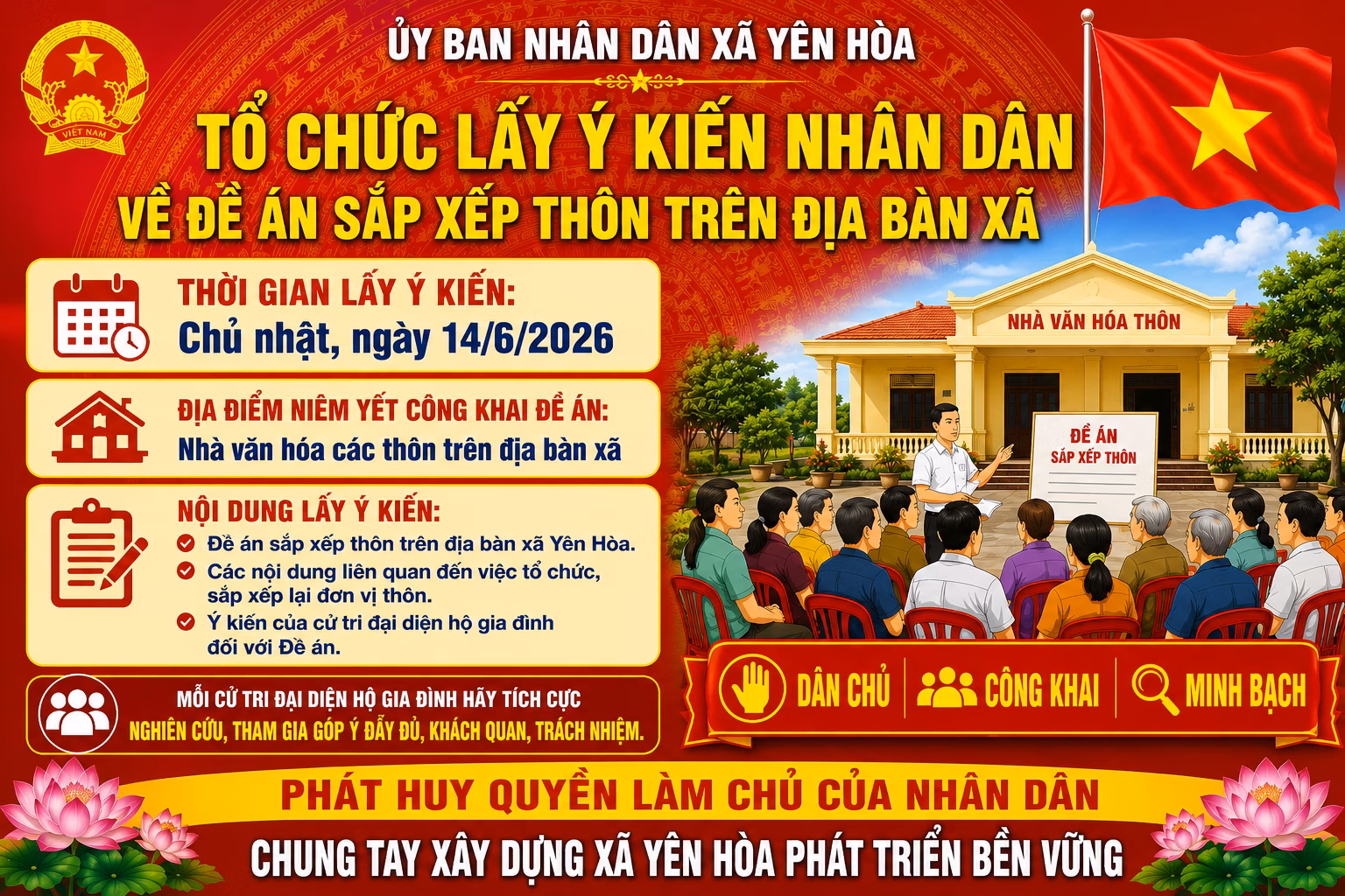 Xã Yên Hòa thông báo triển khai tổ chức lấy ý kiến nhân dân về đề án sắp xếp thôn 