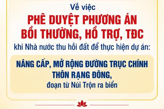 Quyết định Về việc phê duyệt phương án bồi thường, hỗ trợ, TĐC khi Nhà nước thu hồi  đất để thực hiện dự án: Nâng cấp, mở rộng đường trục chính thôn Rạng Đông, đoạn từ Núi Trộn ra biển 