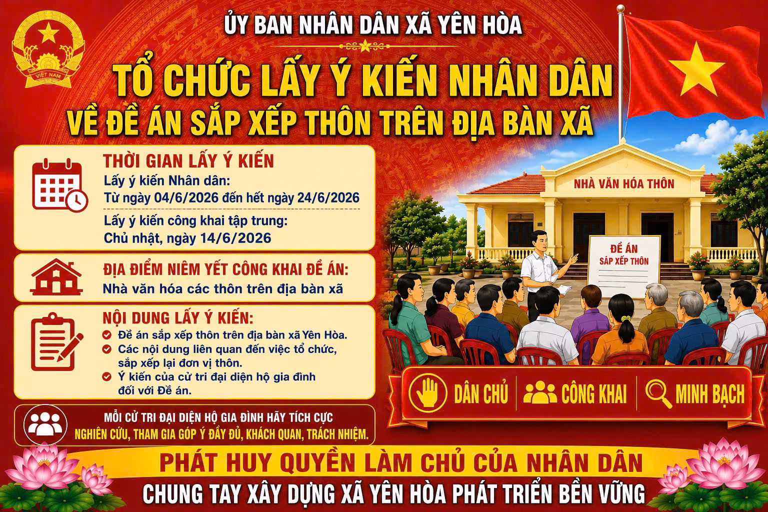 Xã Yên Hòa thông báo triển khai tổ chức lấy ý kiến nhân dân về đề án sắp xếp thôn