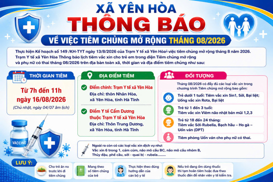 Thông báo lịch tiêm chủng mở rộng tháng 8 năm 2026