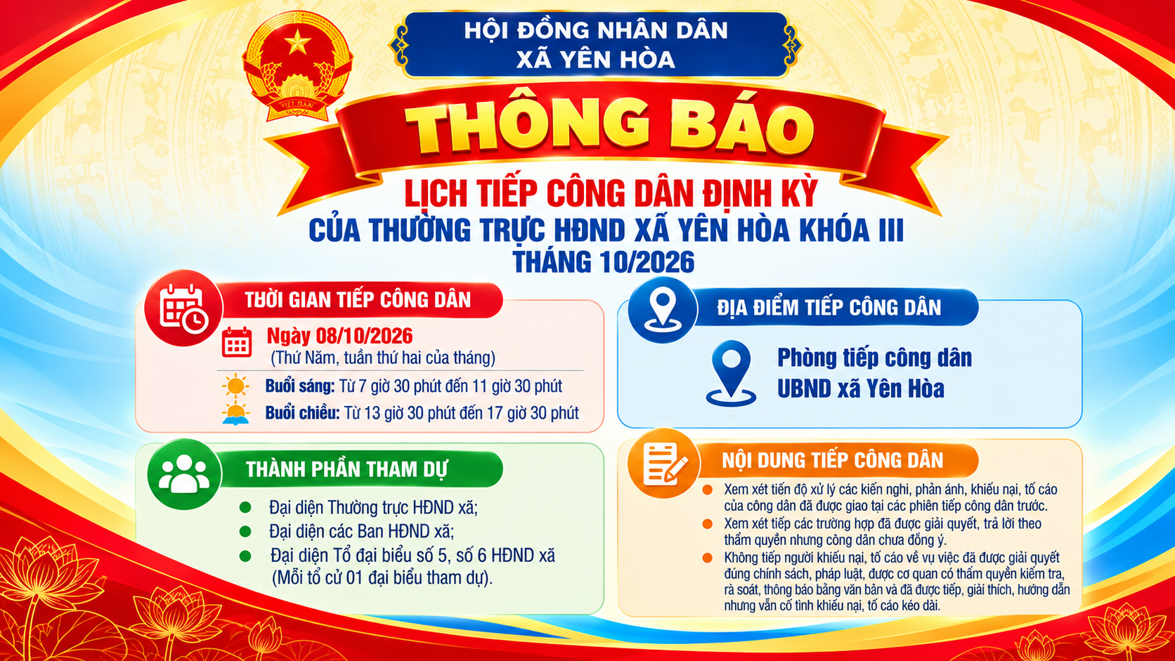 Thông báo Lịch tiếp công dân định kỳ của Thường trực HĐND xã và các Tổ đại biểu HĐND xã Yên Hòa khóa III - tháng 10/2026