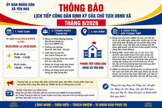Thông báo lịch tiếp công dân định kỳ của Chủ tịch UBND xã tháng 8/2026