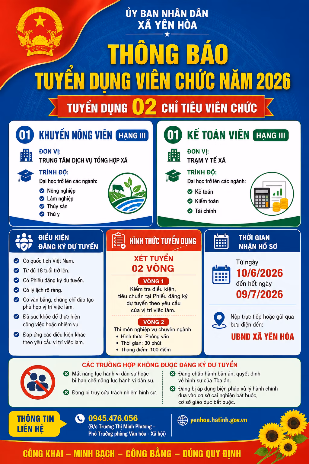 UBND xã Yên Hòa thông báo Tuyển dụng Viên chức năm 2026