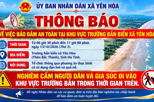 Thông báo khu vực mất an toàn tại khu vực trường bắn biển xã Yên Hòa, tỉnh Hà Tĩnh 