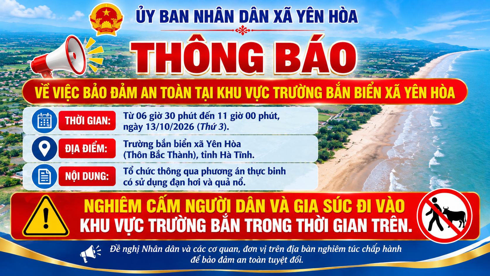 Thông báo khu vực mất an toàn tại khu vực trường bắn biển xã Yên Hòa, tỉnh Hà Tĩnh