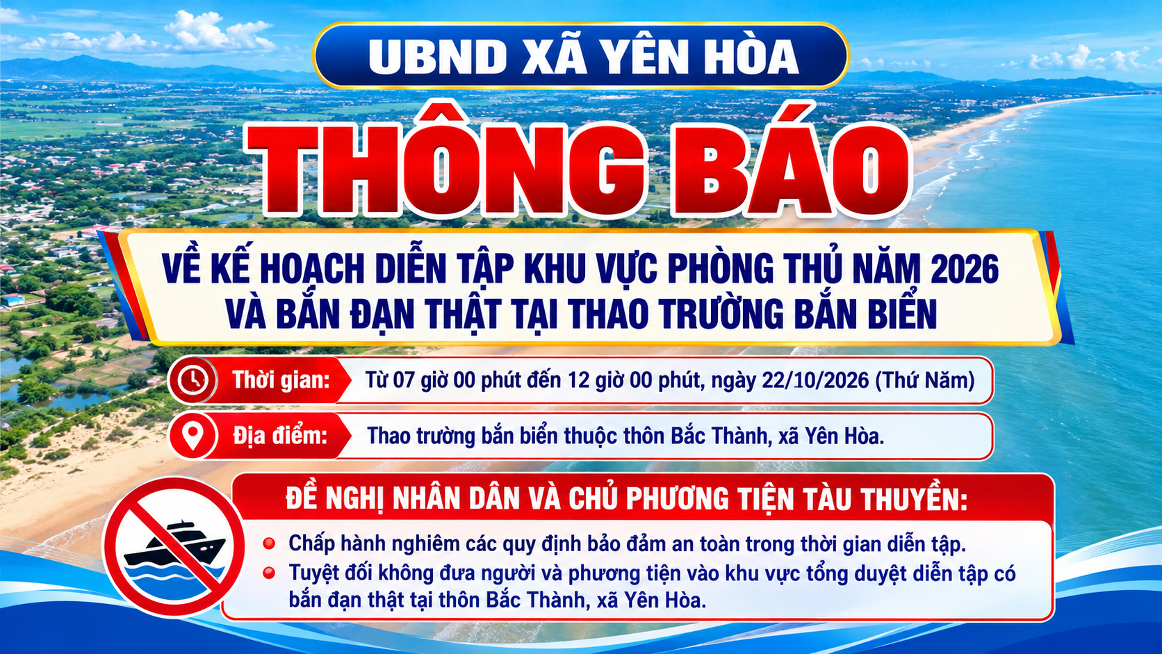 Thông báo về thời gian và phạm vi bắn đạn thật phục vụ diễn tập khu vực phòng thủ tỉnh Hà Tĩnh năm 2026