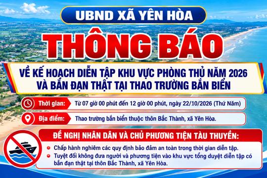Thông báo về thời gian và phạm vi bắn đạn thật phục vụ diễn tập khu vực phòng thủ tỉnh Hà Tĩnh năm 2026 