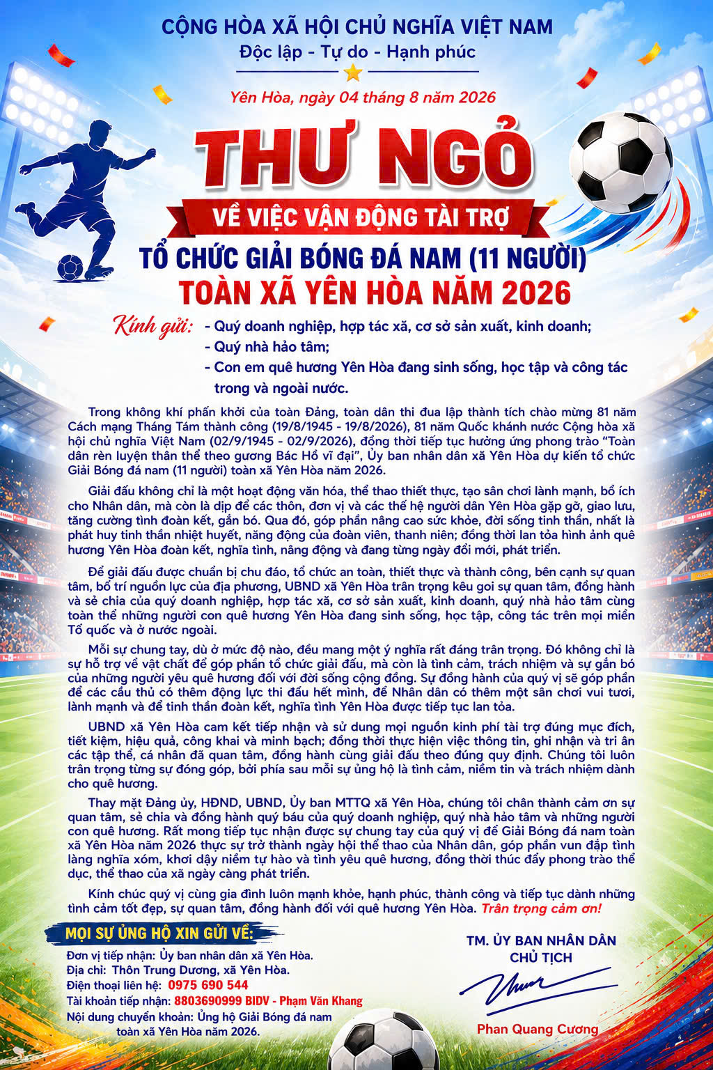 Thư ngỏ về việc vận động tài trợ tổ chức Giải Bóng đá Nam (11 người) toàn xã Yên Hòa năm 2026