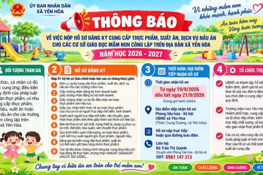 Thông báo về việc đăng ký cung cấp thực phẩm, suất ăn, dịch vụ nấu ăn cho các cơ sở giáo dục mầm non công lập trên địa bàn xã Yên Hòa, năm học 2026 - 2027 